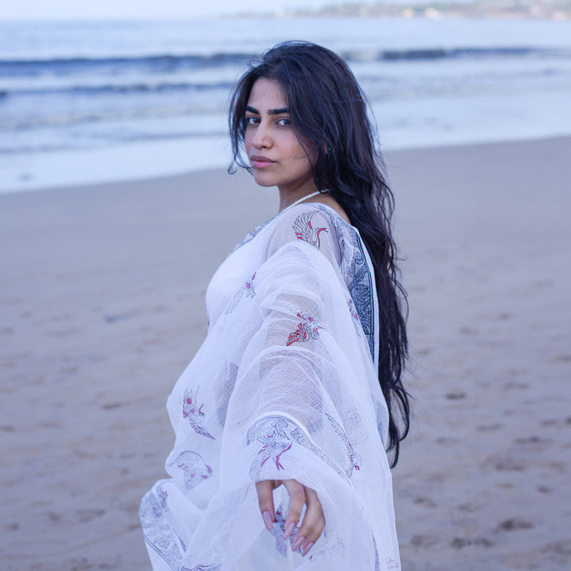 Kota Handblock Printed Saree | White & Blue、mySite、camillekostekn