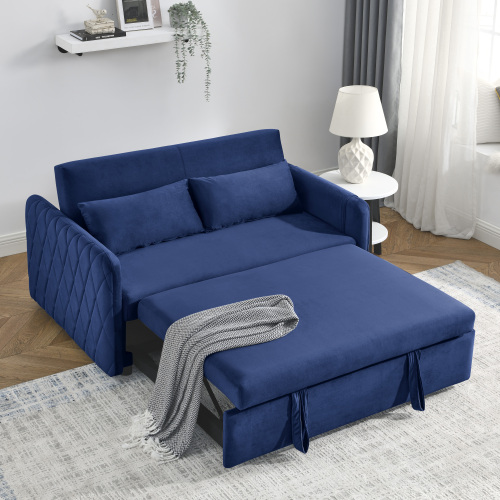 55" Modern Convertible Sofa Bed with 2 Detachable Arm Pockets, Velvet Loveseat Sofa with Pull Out Bed, 2 Pillows and Living Room Adjustable Backrest, Grid Design Armrests、、casual