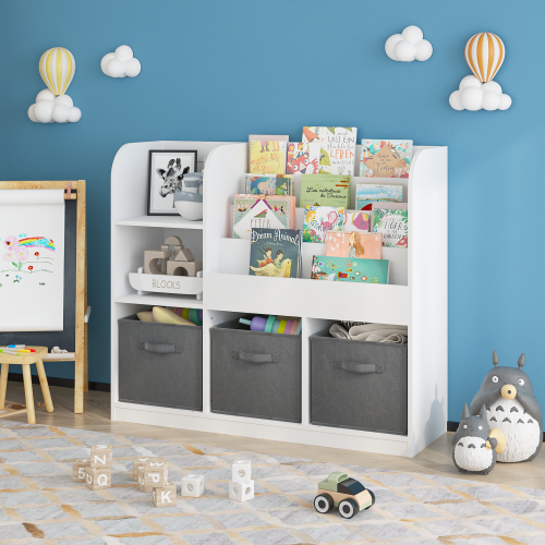 Kids Bookcase and Bookshelf, Multifunctional Bookcase with 3 Collapsible Fabric Drawers, Bookcase Display Stand, Toy Storage Organizer for Bedroom, Playroom, Hallway (White/Gray)、、casual