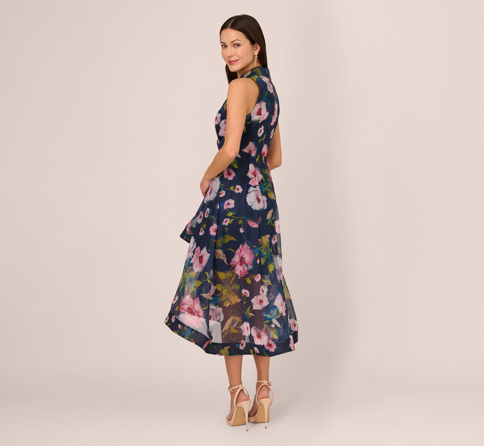 Floral Printed High Low Organza Halter Dress In Navy Multi、mySite、solidvoid