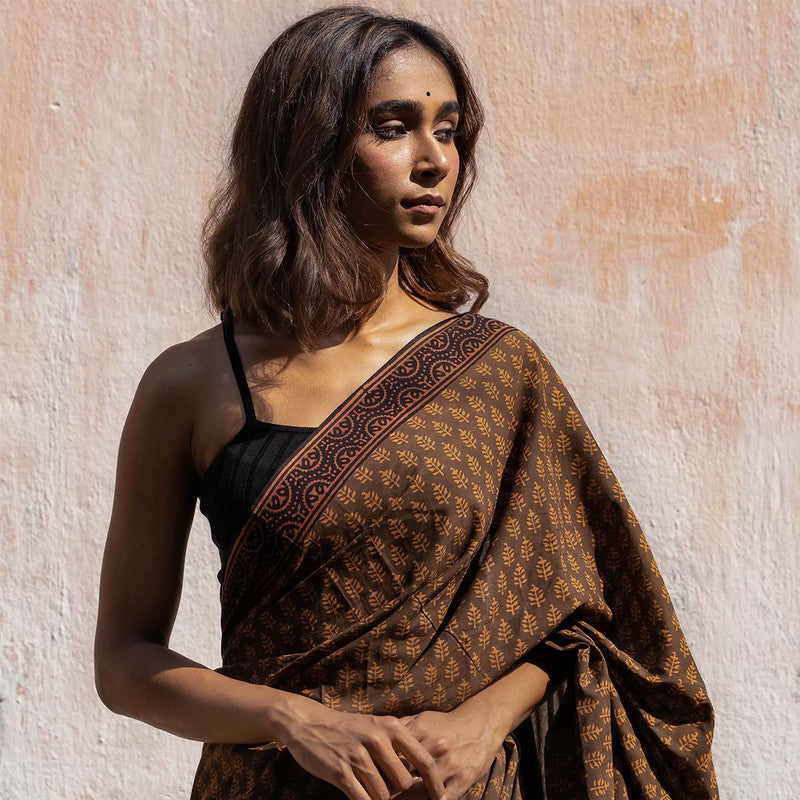 Handblock Floral Printed Chanderi Brown Saree、mySite、camillekostekn