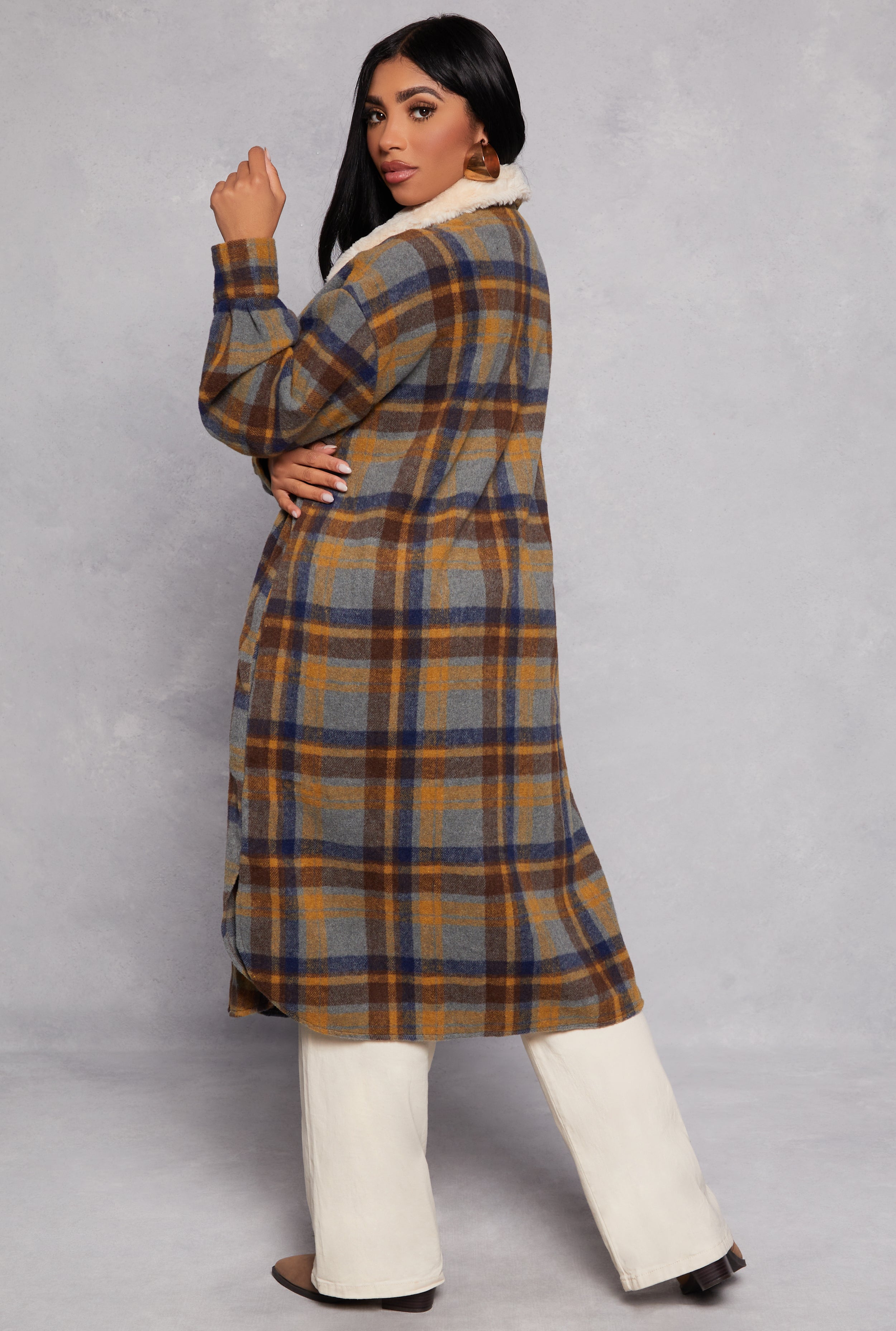 Spoon Jeans Faux Fur Collar Plaid Shacket、mySite、camillekostekn