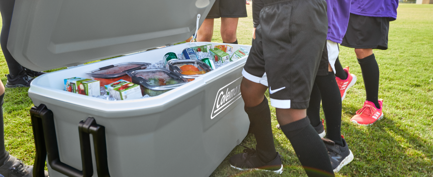 gray white black cooler portable handles easy drinks snacks kids soccer game share parent coleman