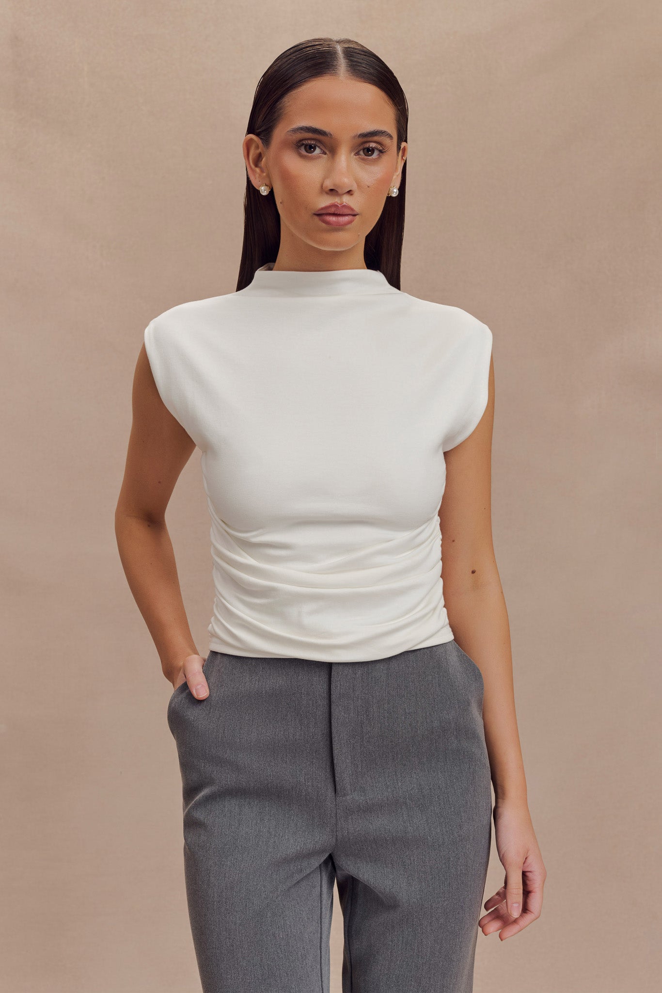 Ellia High Neck Sleeveless Top - White、mySite、solidvoid