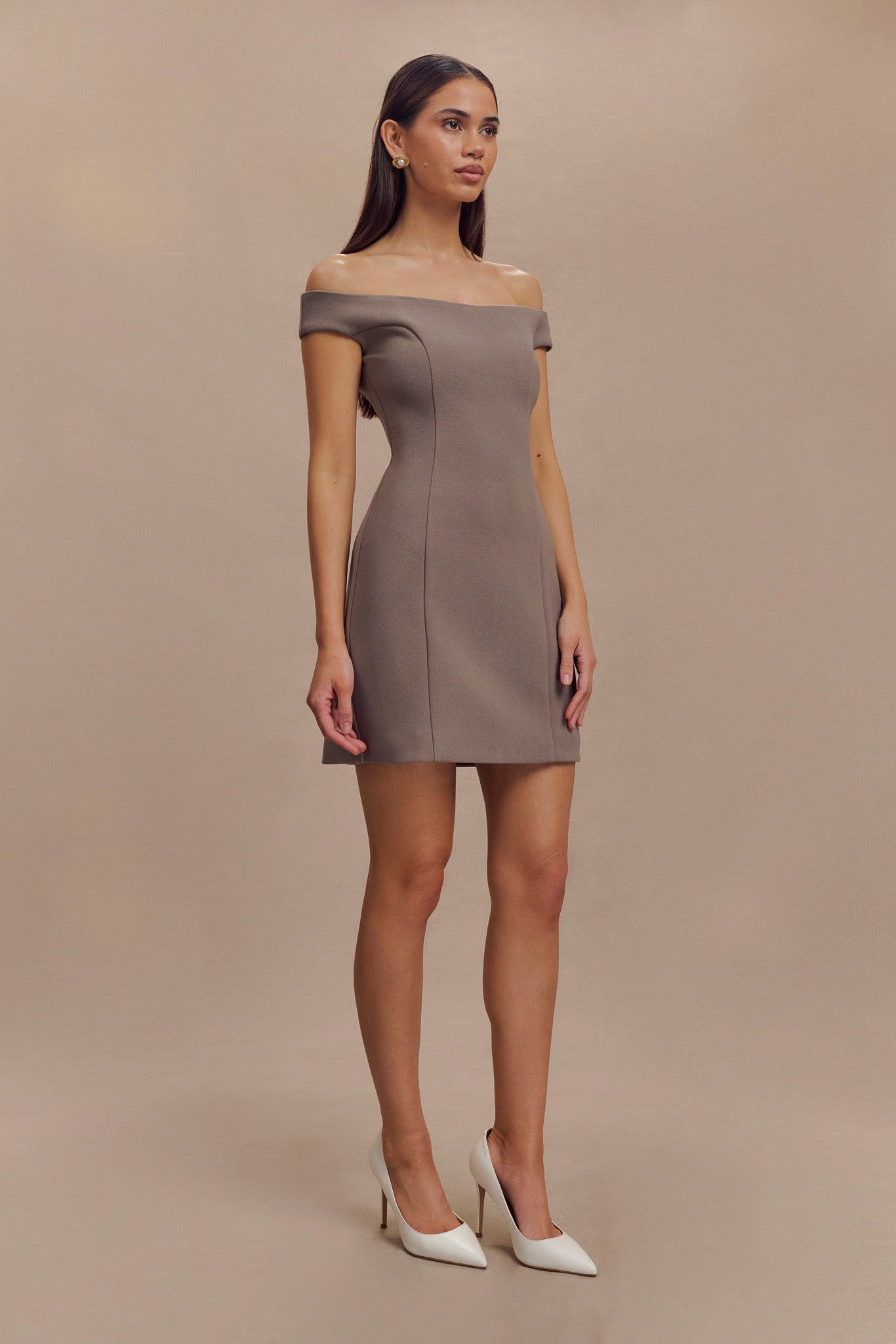 Cassidy Crepe Off Shoulder Mini Dress - Smoke、mySite、solidvoid