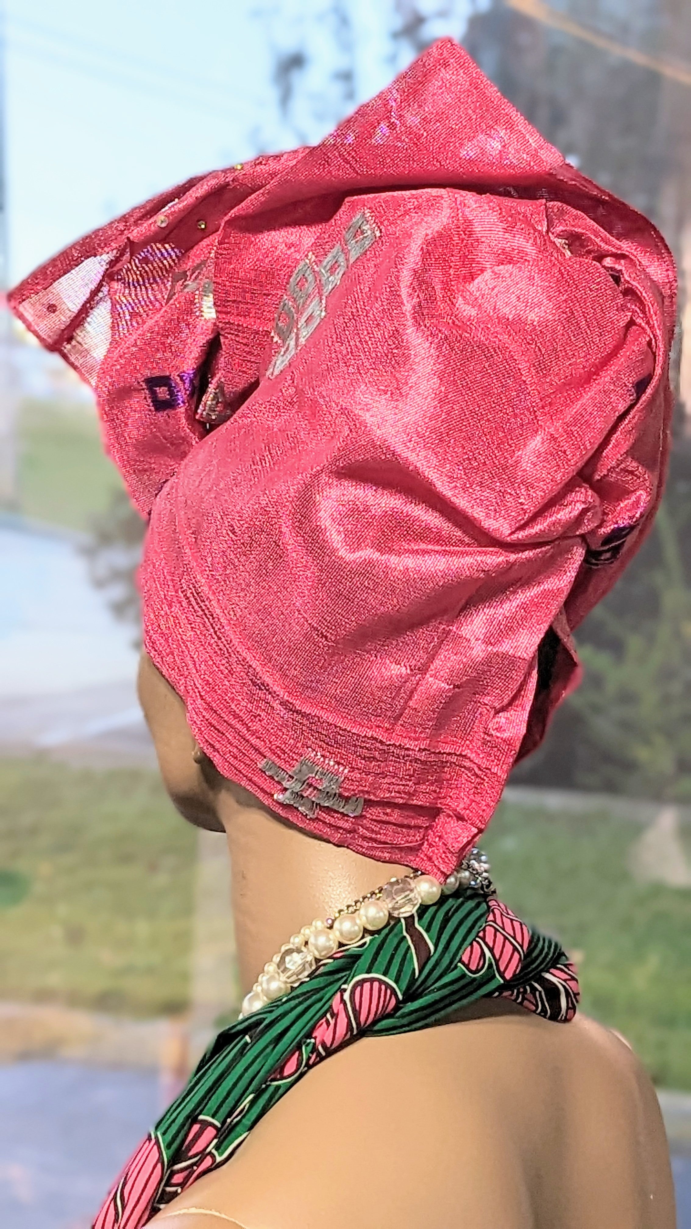 Oluremi Fuchsia-Pink Aso Oke African head tie Autogele pre-tied head wrap-DPAGFPSP1、mySite、solidvoid