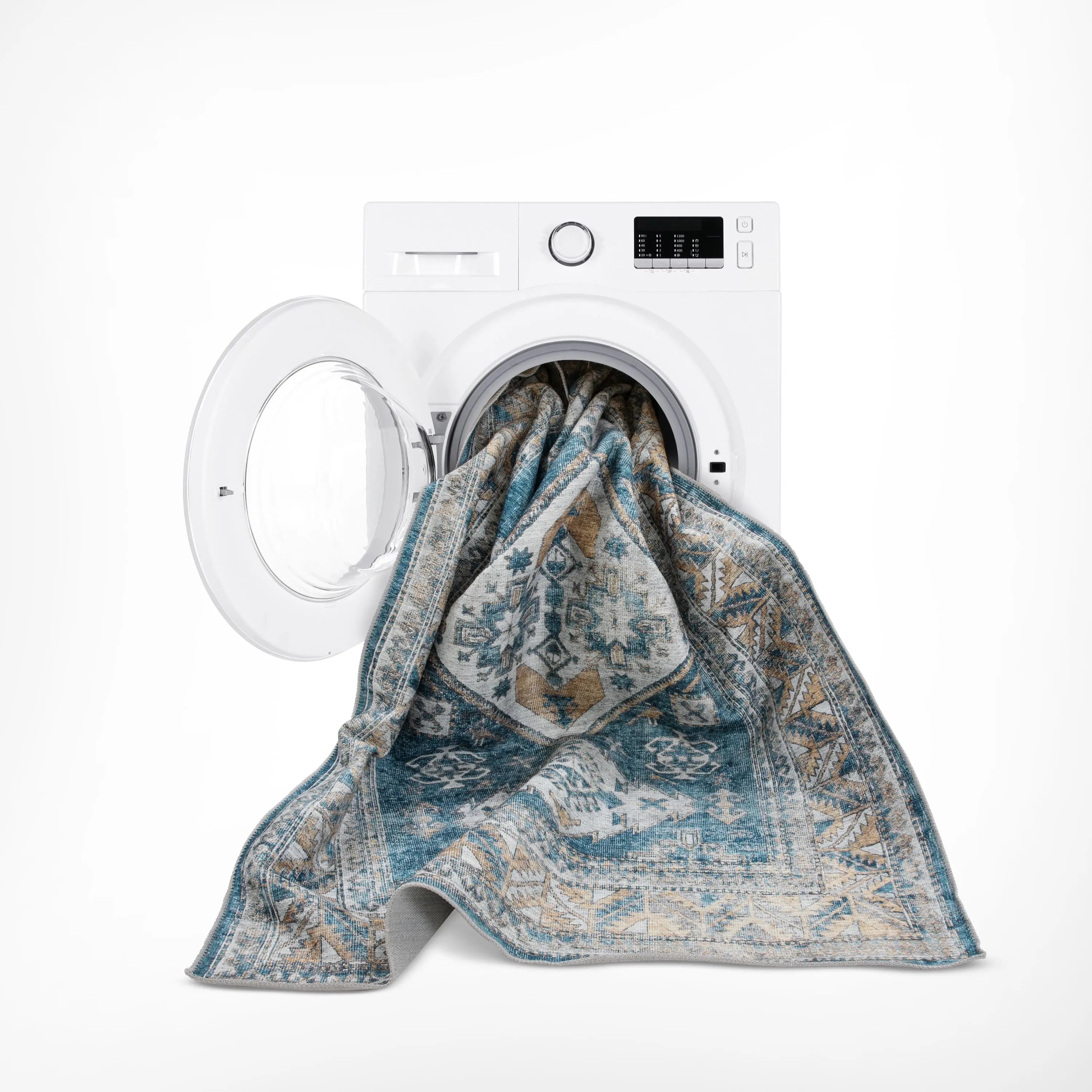 Habra Machine Washable Vintage Medallion Oriental Light Blue Flat-Weave Distressed Rug、mySite、gigharbornorthrealestate