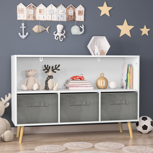 Kids bookcase with Collapsible Fabric Drawers, Children's Book Display, Toy Storage Cabinet Organizer, White/Gray、、casual