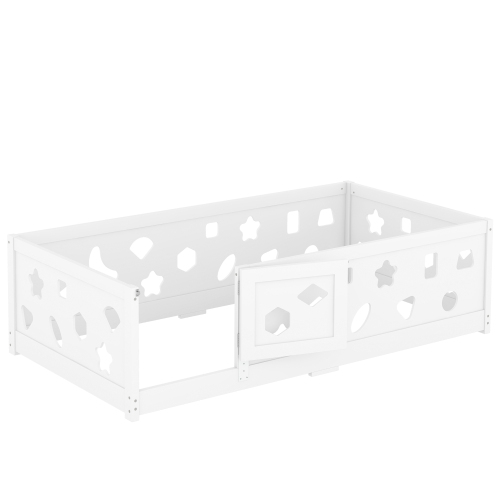 Twin Size Floor Bed with Heightened Safety Guardrails and Door, Solid Wood Bedframe with Rails for Girls, Boys, Teens, Child Bedroom, Kids Playroom, No Slats Included, White、、casual
