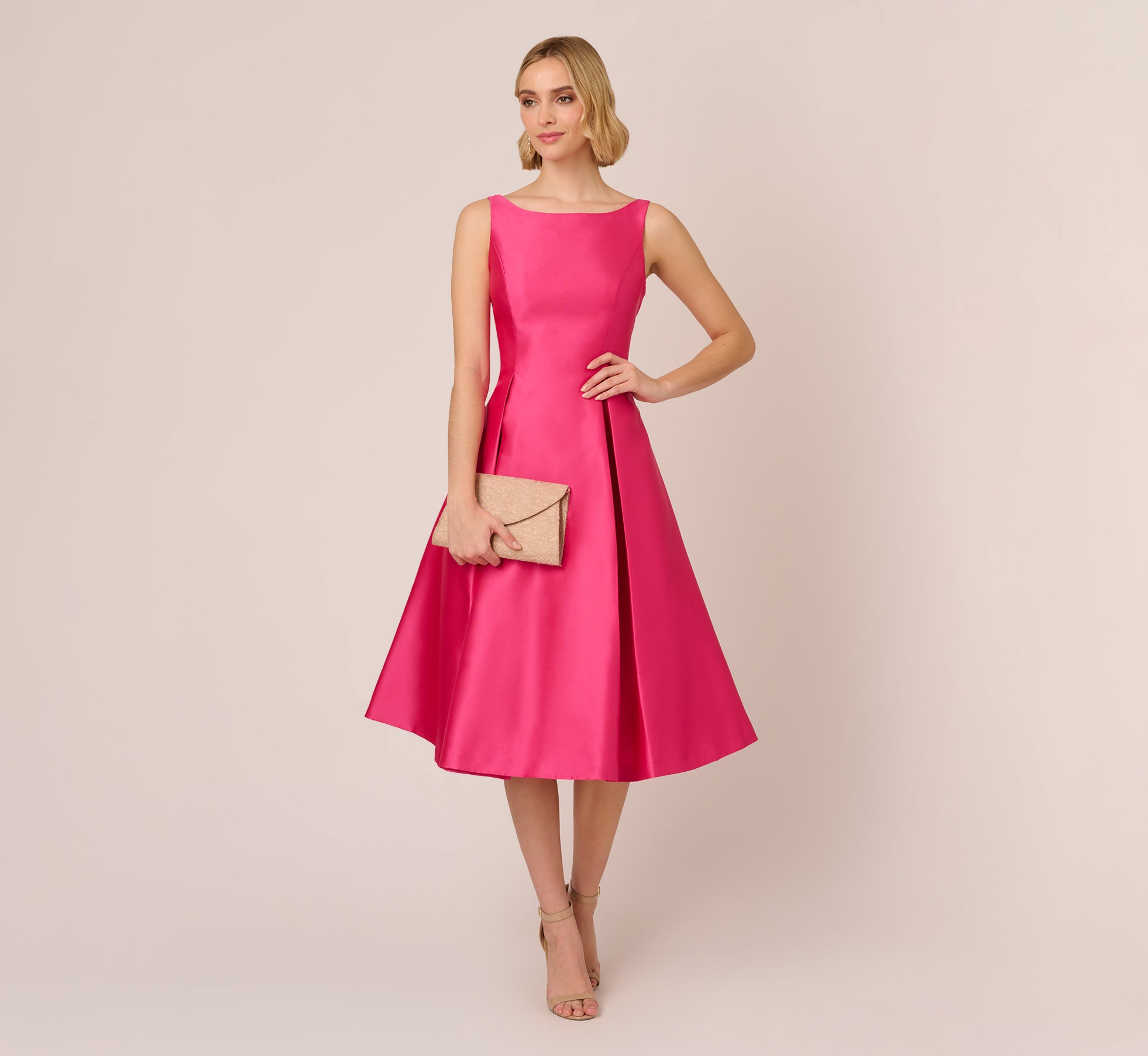 Sleeveless Mikado Fit And Flare Midi Dress With V-Back In Electric Pink、mySite、solidvoid