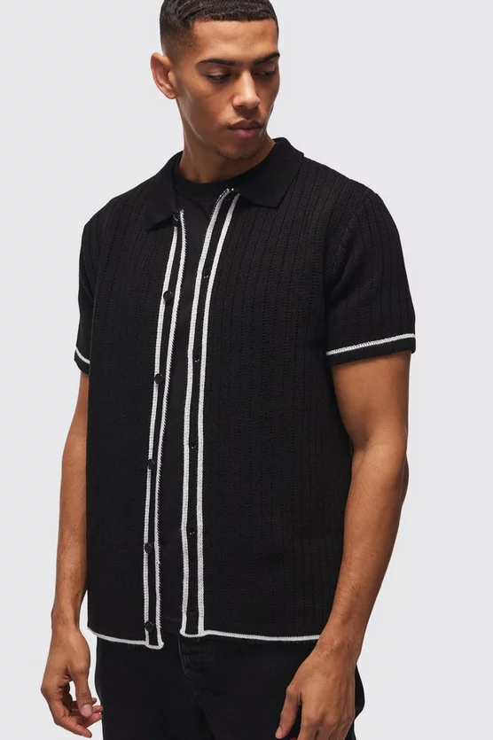  Boohooman Regular Fit Contrast Stripe Knitted Zip Up Polo Shirt Black、mySite、justintrudeaud