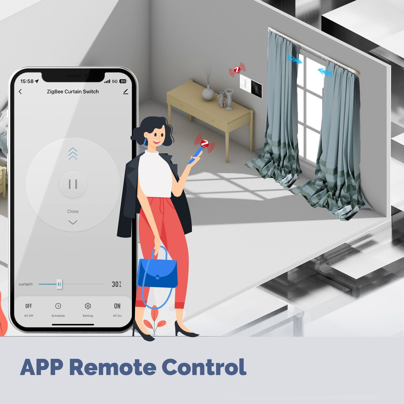 ZigBee Smart Curtain Switch 2.5D Support RF433 Arc Glass Touch Panel、mySite、fannypackpong