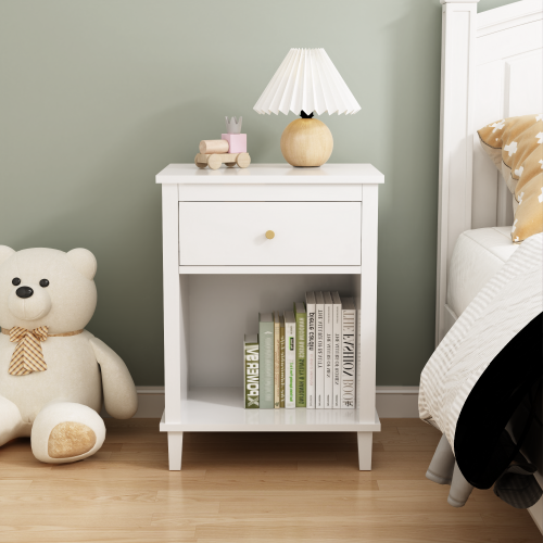 26.77''H Wooden Nightstand with One Drawer One Shelf for Kids, Adults, White+Golden handle、、casual