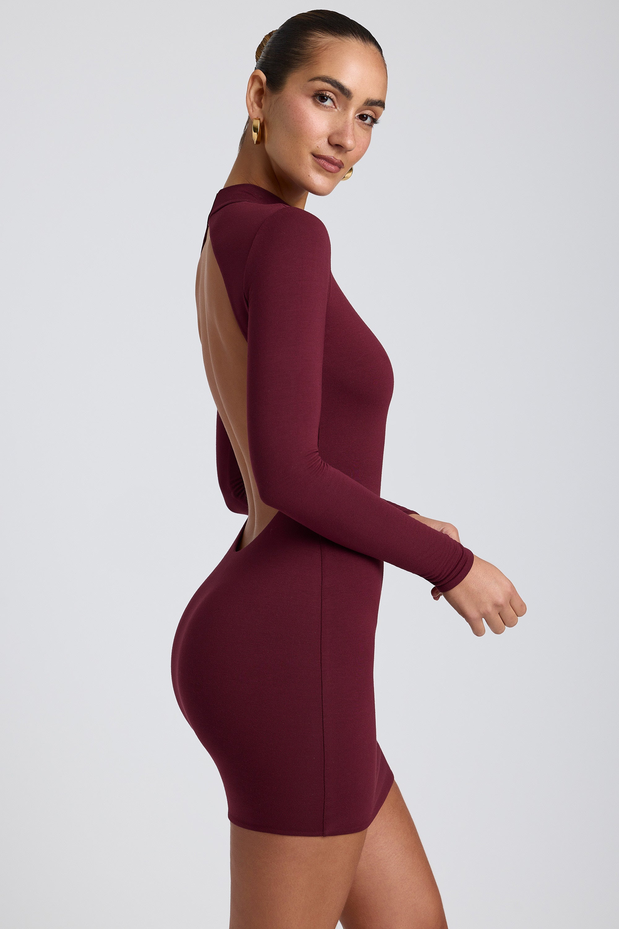 Modal Open-Back Long-Sleeve Mini Dress in Plum、mySite、solidvoid