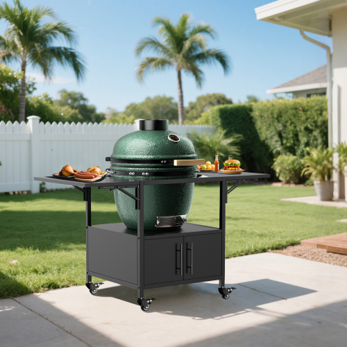 Outdoor Grill Table for Big Green Egg Style BBQ, Metal Grill Cart with Storage Box, Compatible with up to Large Green Egg, Kamado Joe Jr、、eastwooduniform