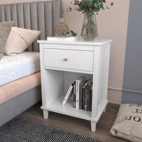 26.77''H Wooden Nightstand with One Drawer One Shelf for Kids, Adults, White+Golden handle、、casual