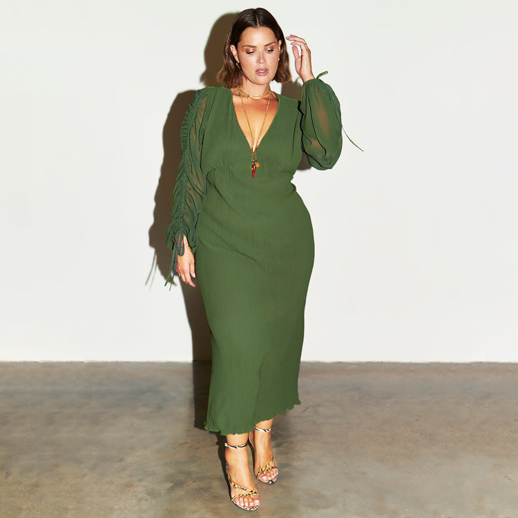 Khaki Celia Plisse Dress、mySite、solidvoid