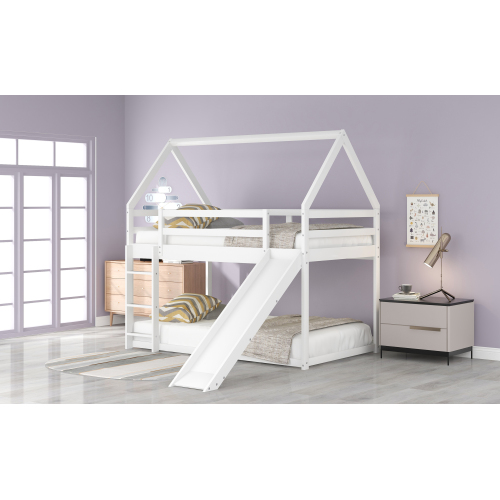 Twin over Twin Low Bunk Bed, House Bed with Ladder , Gray(OLD SKU:WF197808AAE)、、casual