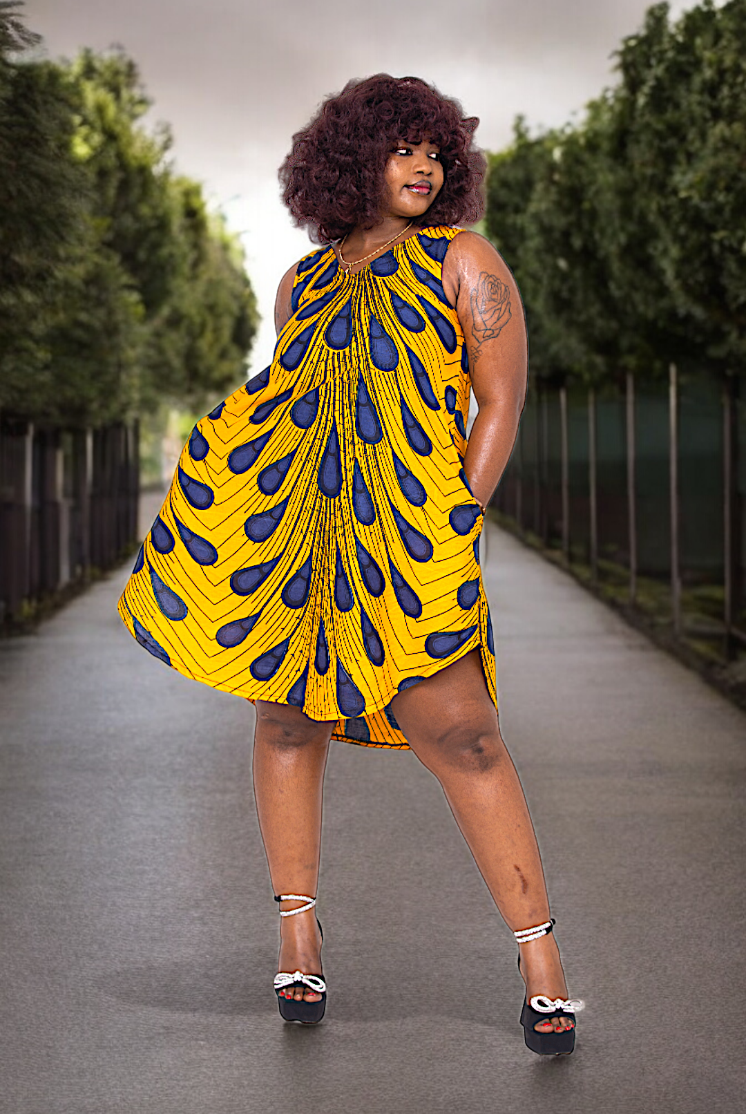 Dupsie's Blue and Orange Ajere Peacock African Print Dress DP3816D9、mySite、solidvoid