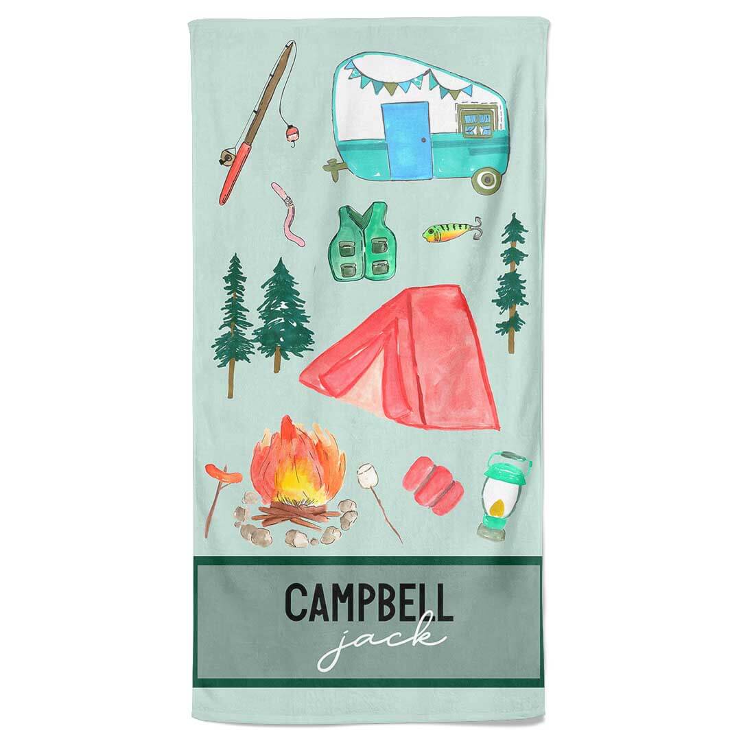  Happy Camper Personalized Kids Beach Towel、mySite、layawaytickets