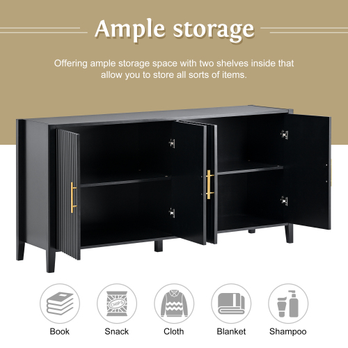 U_Style 63.1''Modern 4-Vertical Wavy Slatted Doors Sideboard,Storage Cabinet With Elegant Design, Solid Wood Legs with Painted,Metal Handles,for Dining Room,Living Room, Kitchen, or Entryway(Black)、、casual