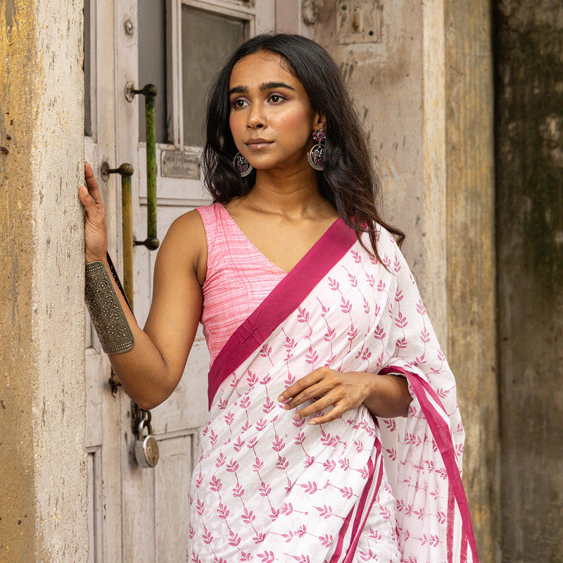 Cotton Printed Saree | White & Pink、mySite、camillekostekn