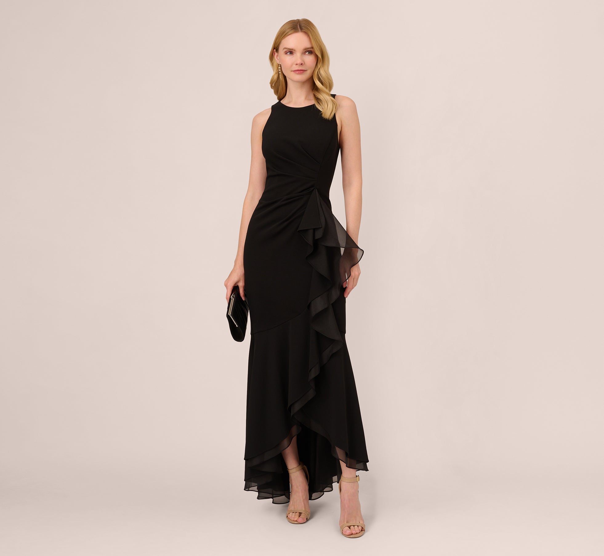 High Low Crepe Halter Gown With Organza Draping In Black、mySite、solidvoid
