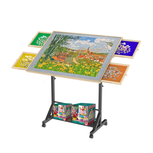 Wooden 1500 Piece Puzzle Table with Drawer, 35"*27.17" Adjustable Puzzle Table, 360° Tilting Puzzle Table with Legs and Wheels, Adjustable Height and Angle, with Protective Cover ( BACK TO SCHOOL )、、casual