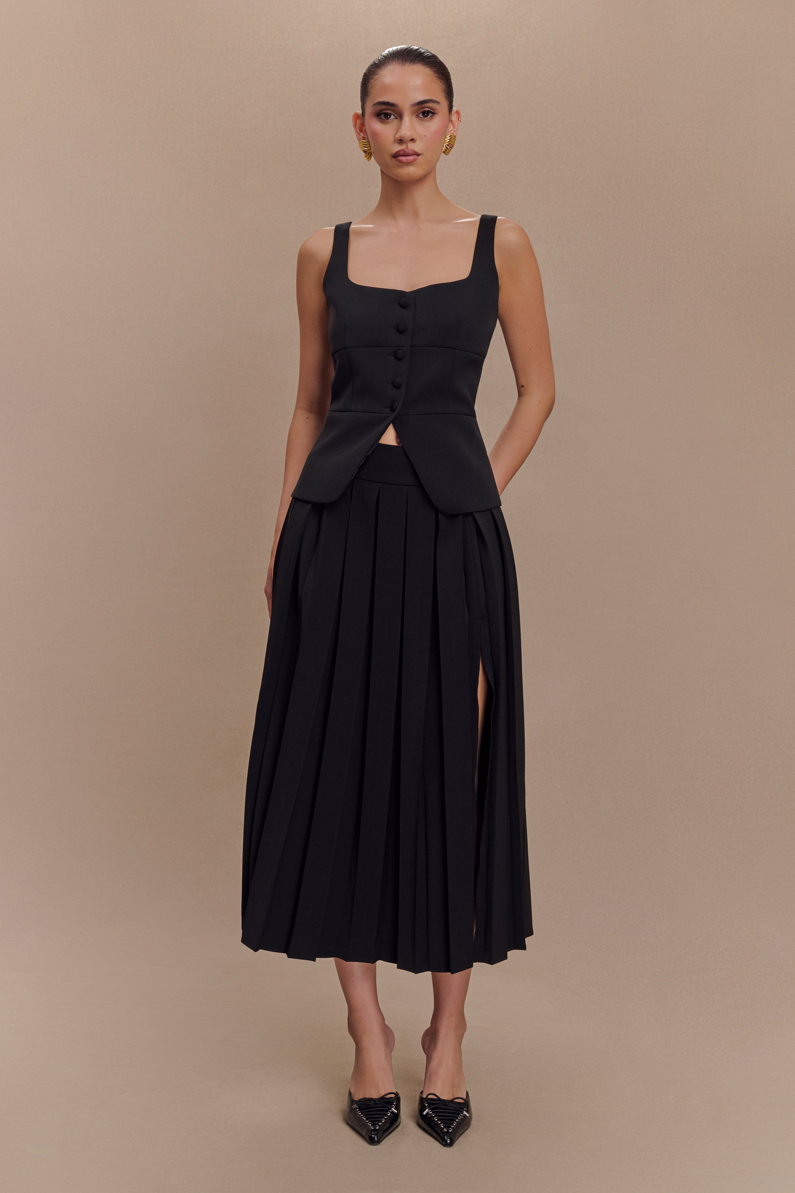 Sunny Pleated Midi Skirt - Black、mySite、solidvoid
