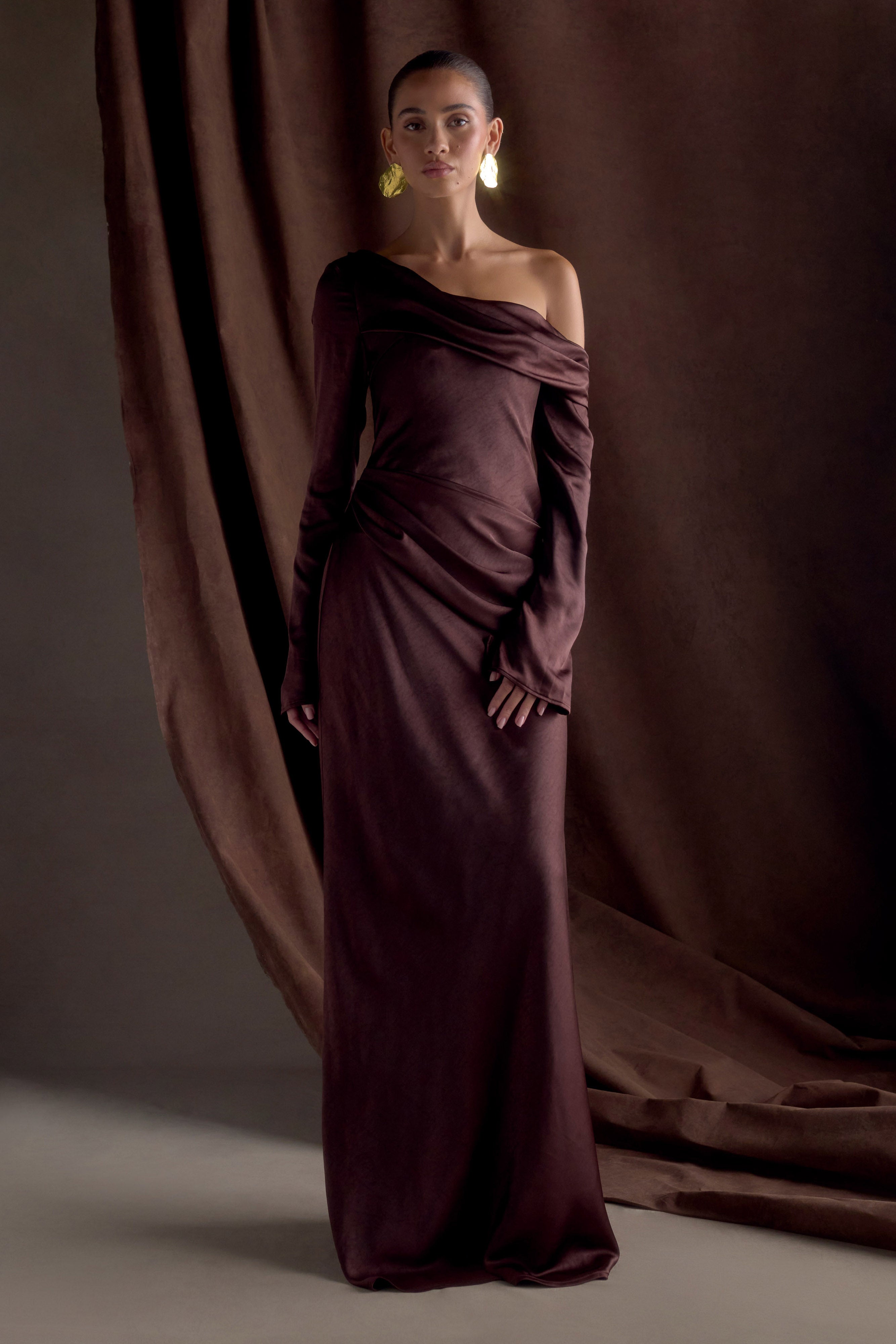 Iris Long Sleeve Satin Maxi Dress - Dark Chocolate、mySite、solidvoid
