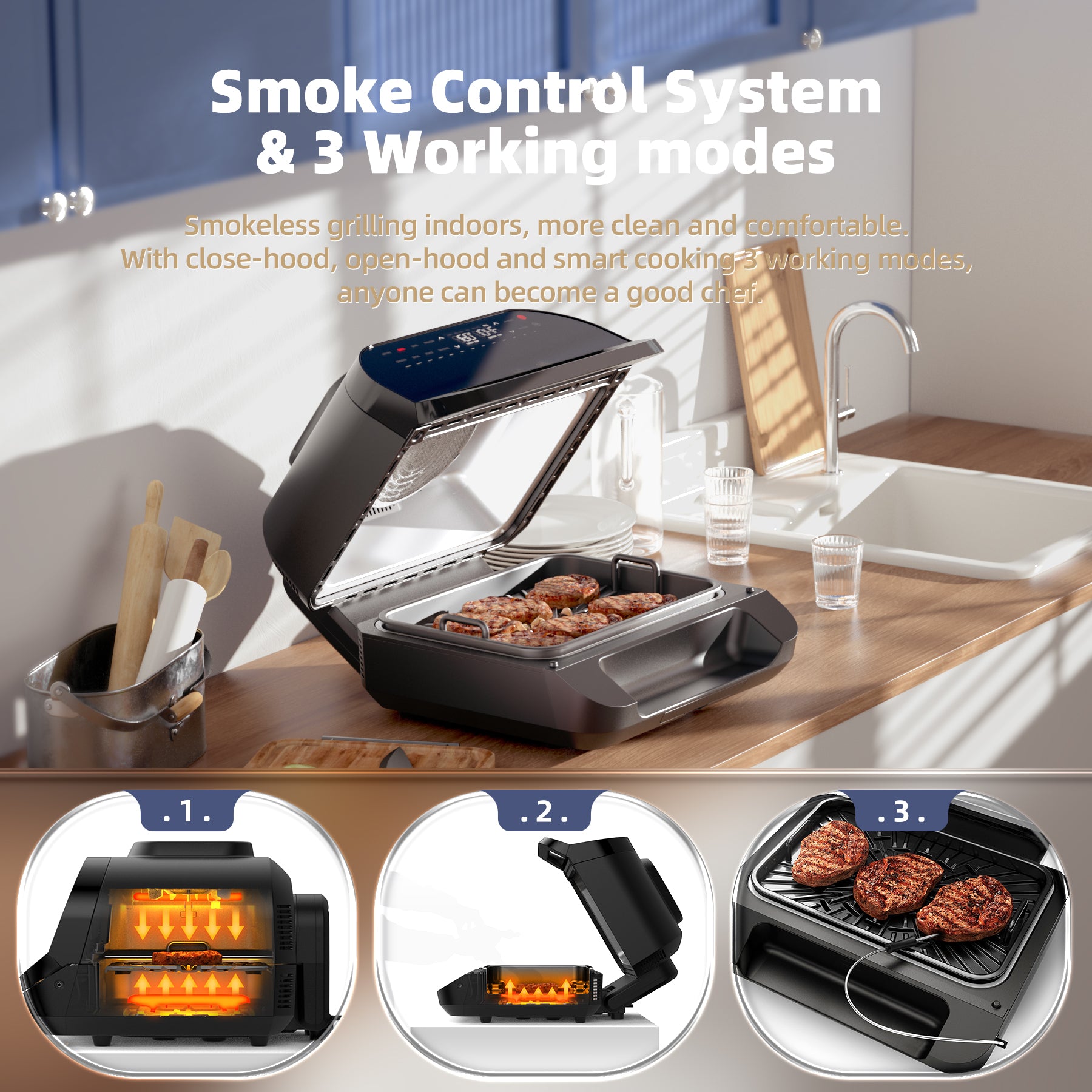 KLOUDIC Smart Indoor Grill & Air Fryer Combo, Smokeless Electric Countertop Griddle, with Removable Non-Stick 1700W, Black、mySite、fannypackpong