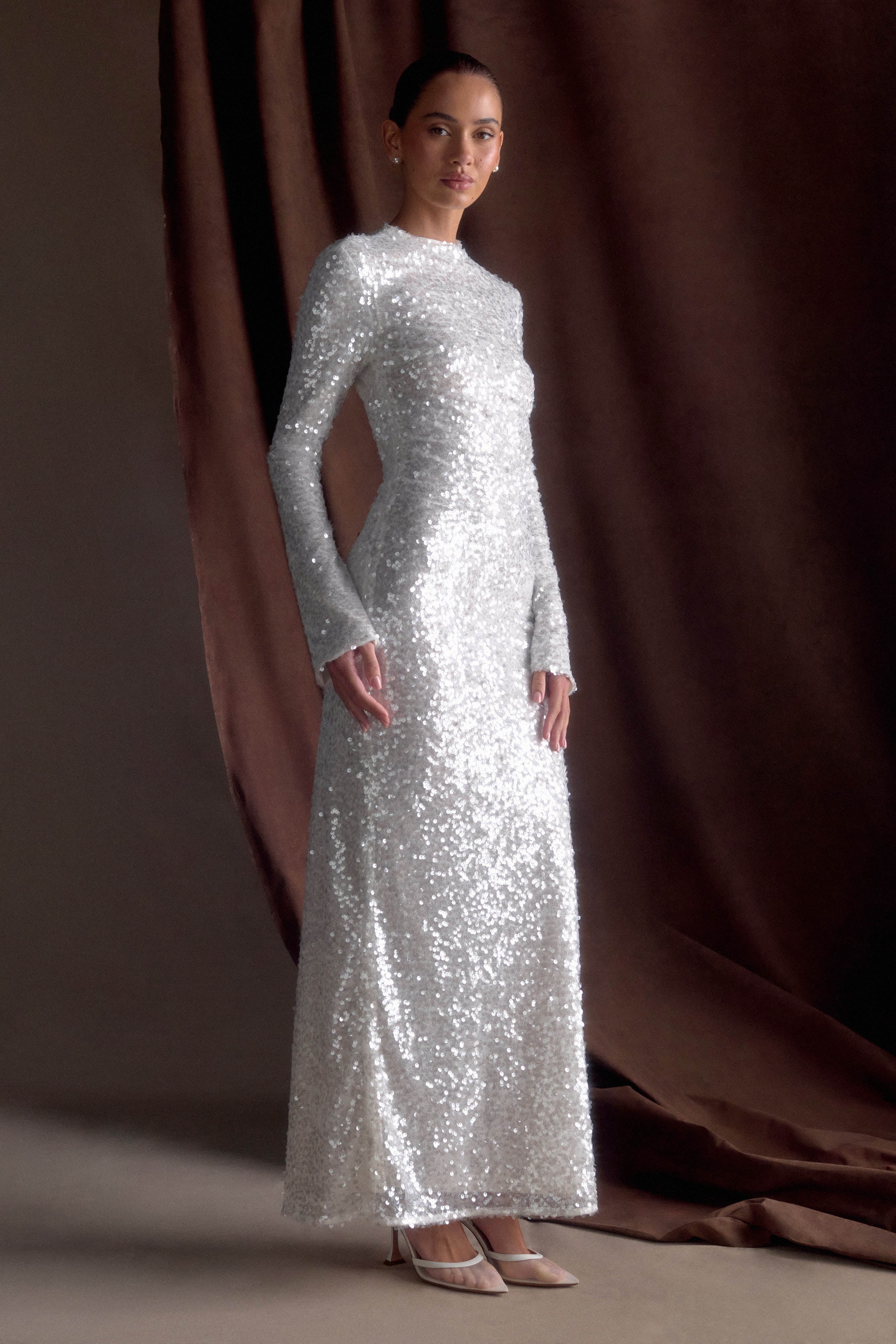 Sofia Long Sleeve Sequin Maxi Dress - White、mySite、solidvoid