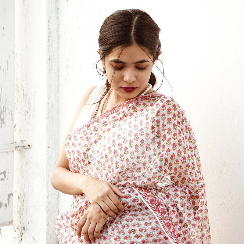 Festive Wear | Handblock Printed Kota Doria Saree | White & Red、mySite、camillekostekn