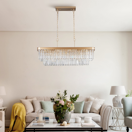 Chandeliers,Rectangular Crystal Chandelier Adjustable,E12 Modern Industrial Crystal Lights,Farmhouse Iron Ceiling Hanging Light for Kitchen Living Room Bedroom/Black(Bulb Not Included)、、eastwooduniform