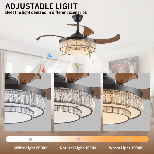 42" Retractable Ceiling Fan with Light, Modern LED Chandelier Fan with Remote Control, 6 Speed Adjustable Blades, Quiet DC Motor, Dimmable Lighting for Living Room, Bedroom, Dining Room、、eastwooduniform
