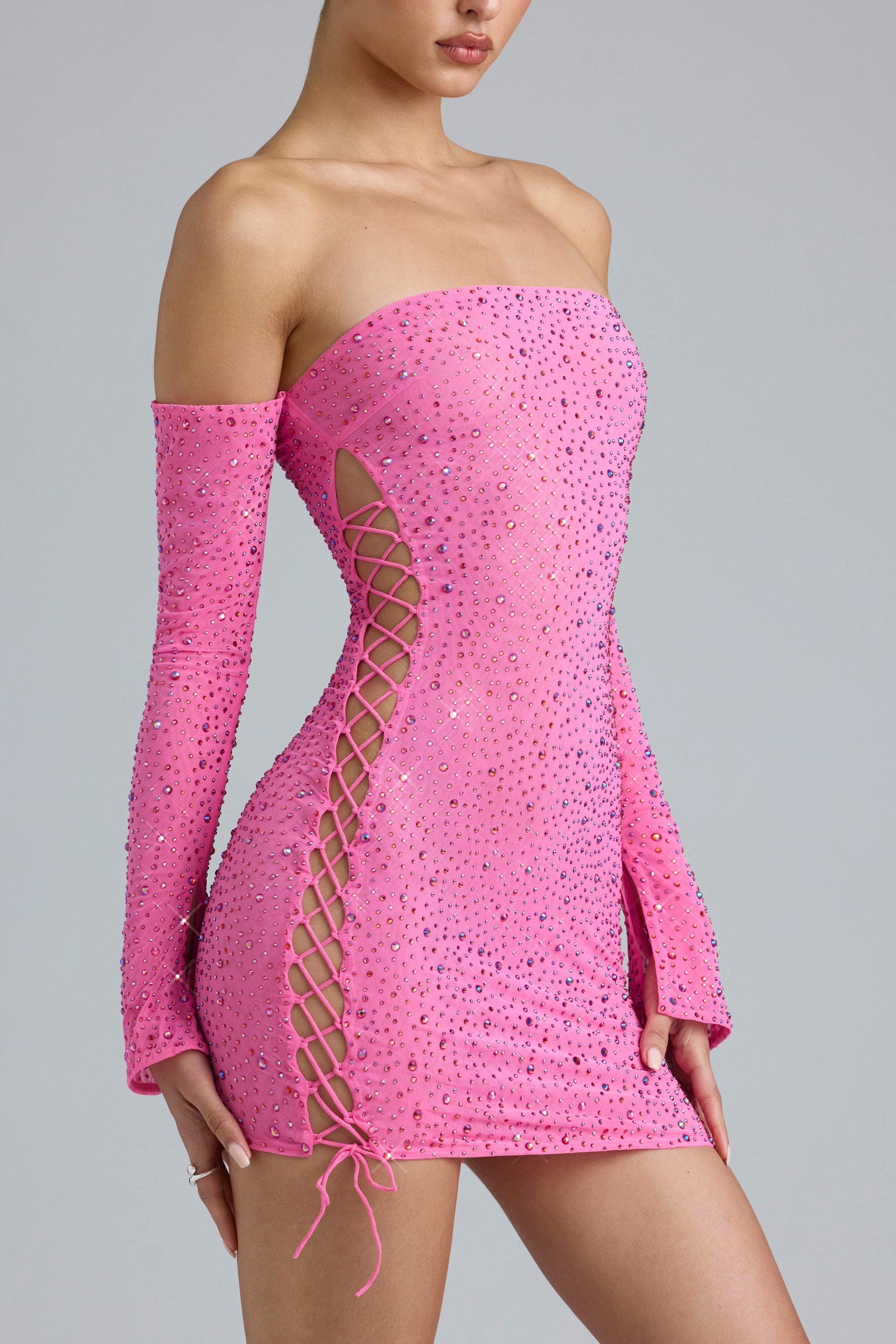 Embellished Lace-Up Off-Shoulder Mini Dress in Bubblegum Pink、mySite、solidvoid