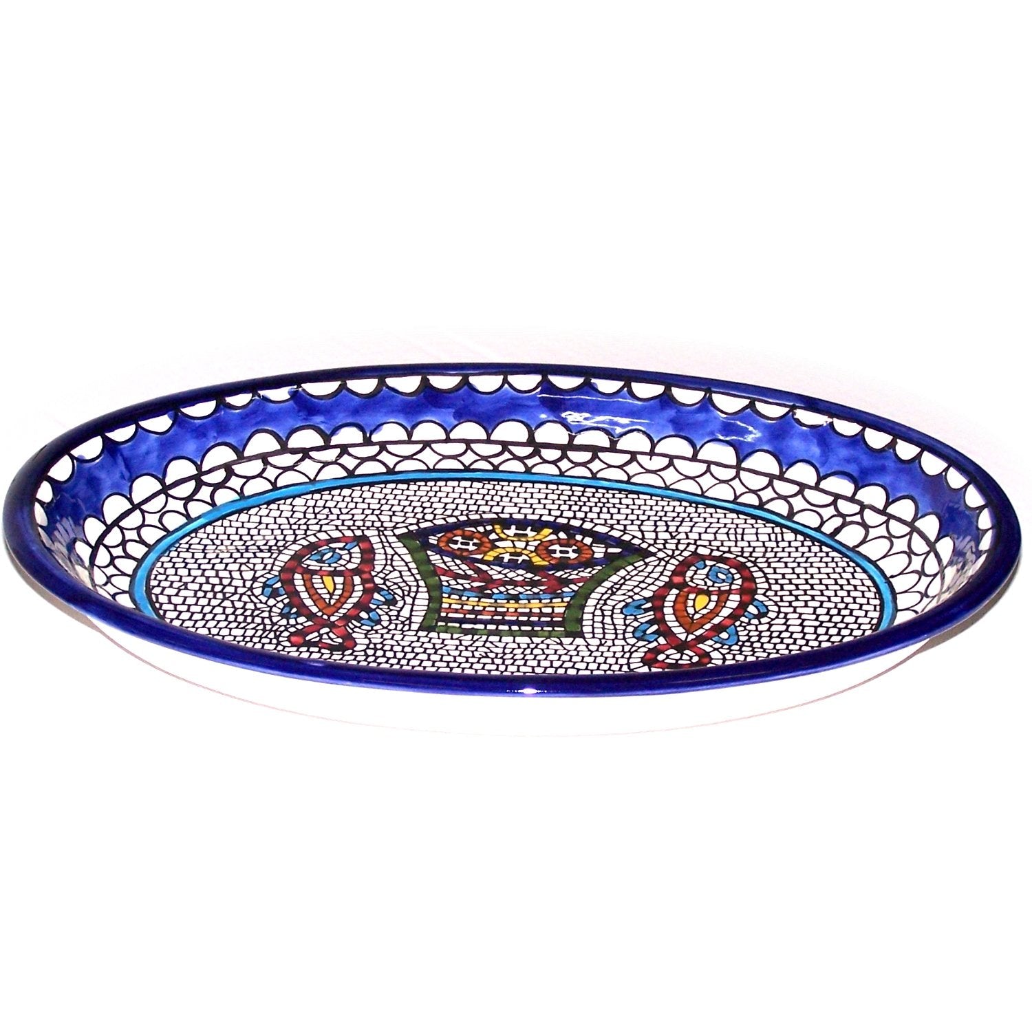  Armenian Hand Painted Fish and Bread Miracle Serving Oval Ceramic Bowl - Extra Large (15.5 Inch Long by 10.5 Inches Wide by 1.5 Inches deep) - Asfour Outlet Trademark、mySite、elrpsem3k
