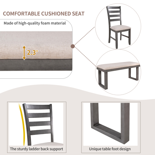 TREXM 6-Pieces Family Furniture, Solid Wood Dining Room Set with Rectangular Table & 4 Chairs with Bench(Gray)、、casual