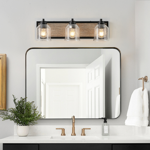40&quot; Farmhouse Vanity Light Fixture, 5-Light Bathroom Wall Sconce with Clear Seeded Glass Shades, Black and Wood Grain Finish, Modern Industrial Design for Bathroom or Powder Room (No Bulbs)、、eastwooduniform