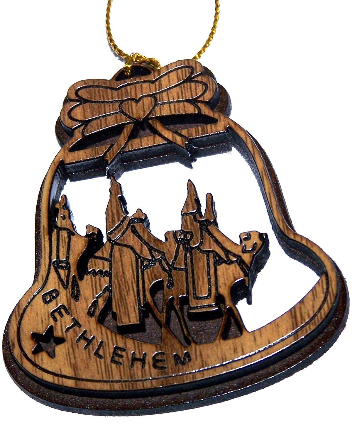  Holy Land Market Two Layers Mahogany with Olive Wood Magi Ornament Gift Carved by Laser - Olive Wood - Bell Shape (6.5 cm or 2.6 inch with Certificate) and Gold String、mySite、elrpsem3k