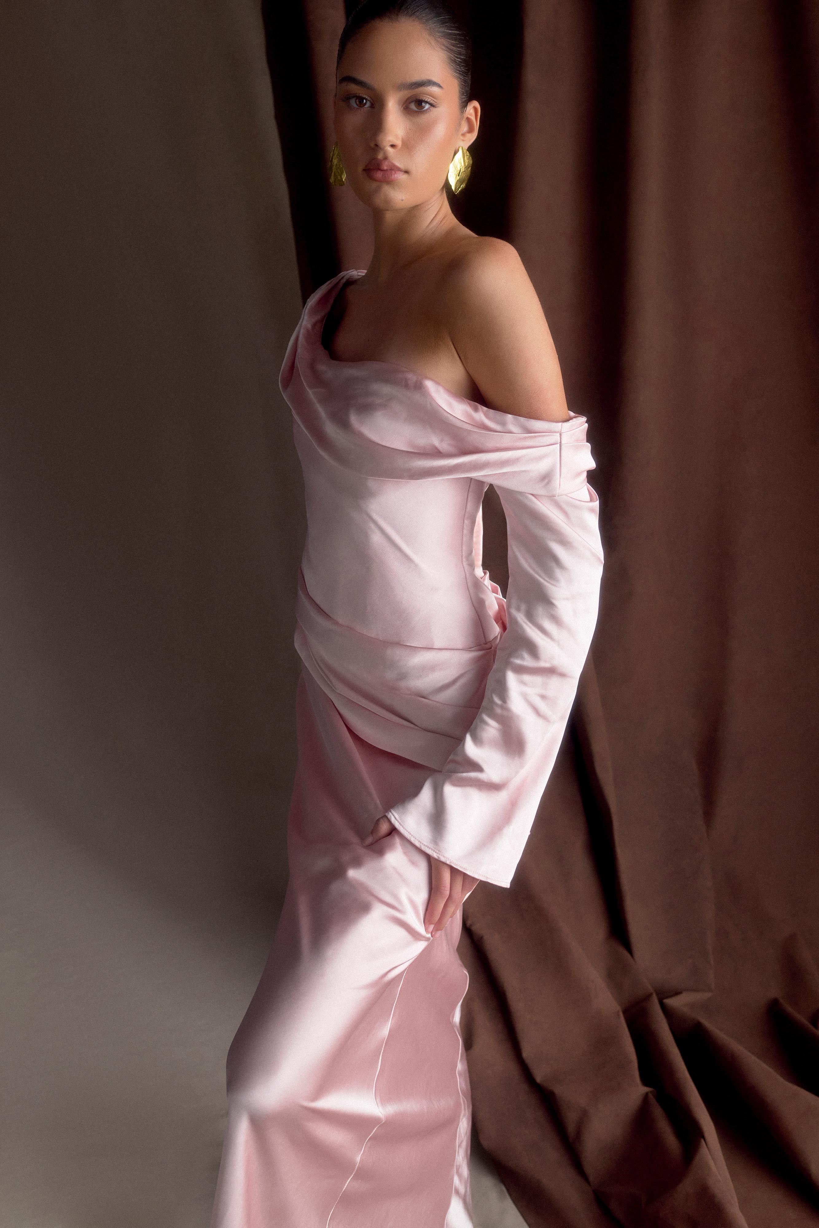 Iris Long Sleeve Satin Maxi Dress - Soft Pink、mySite、solidvoid