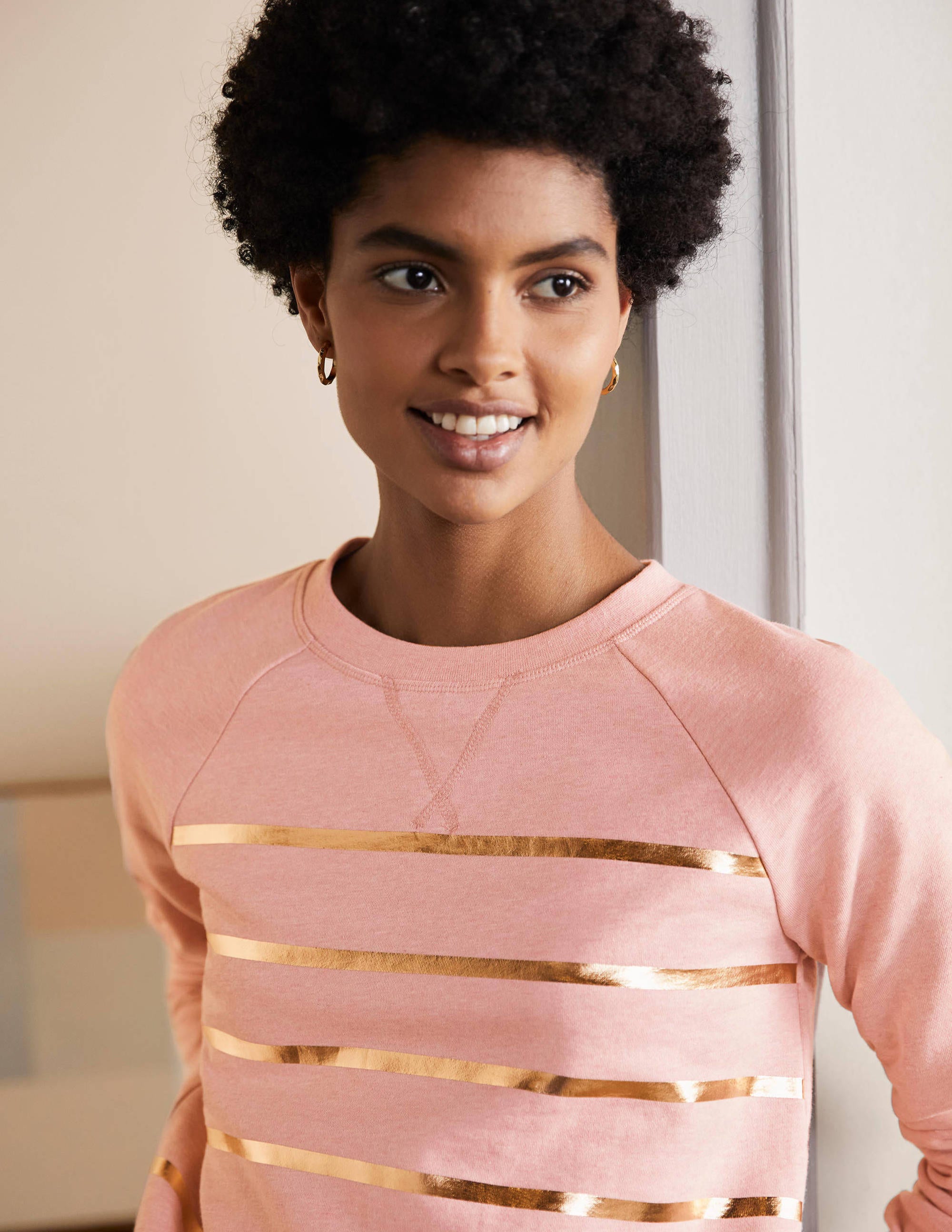  Printed Cotton Sweatshirt-Pink Marl, Gold Foil Stripe、mySite、ashleygrahame