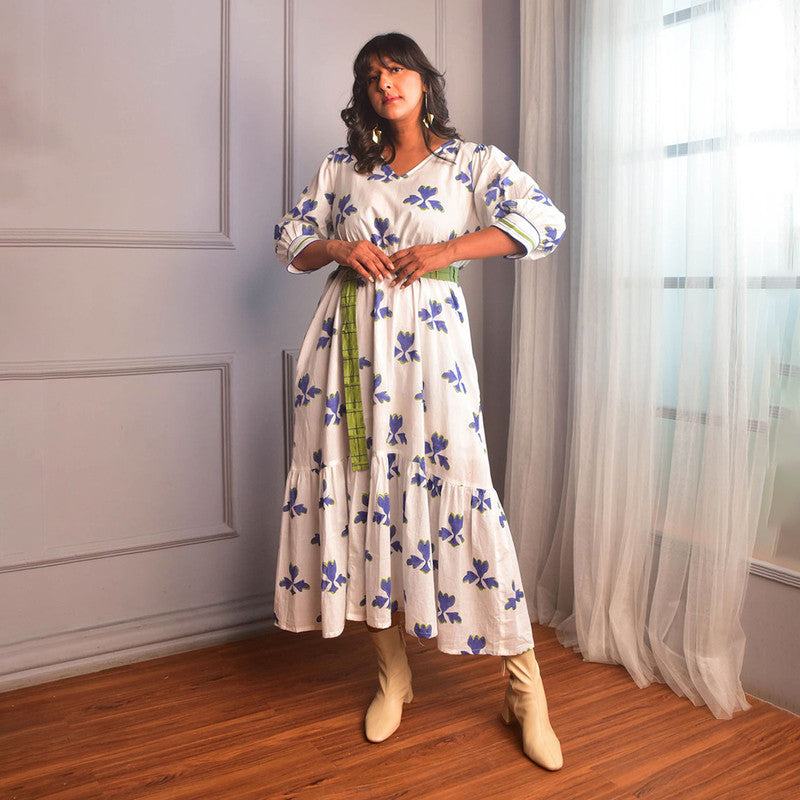 Cotton Long Dress For Women | Floral Block Print | White、mySite、camillekostekn