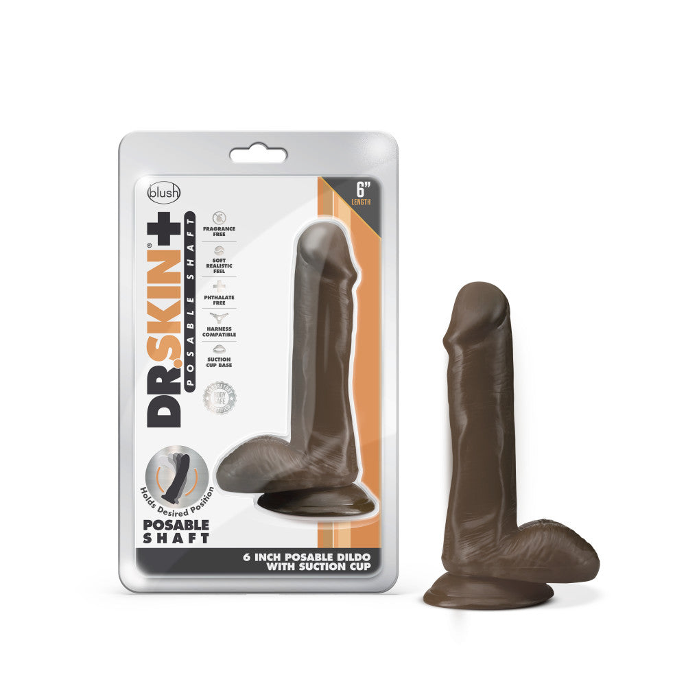 Dr. Skin Plus By Blush® | Realistic Chocolate 6.5-Inch Long Soft Yet Erect & Posable Dildo With Balls & Suction Cup Base、mySite、bottomscart