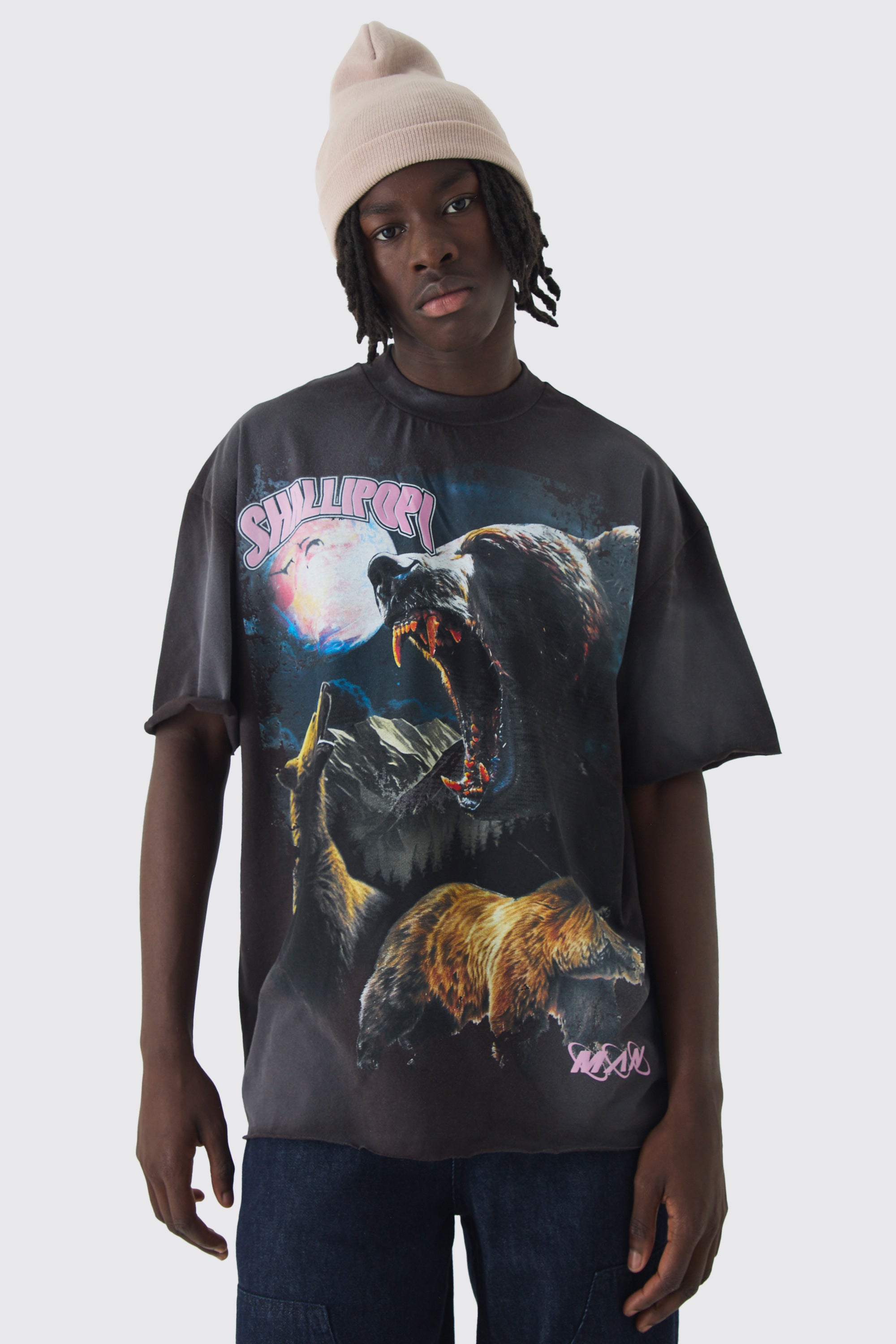  Boohooman Oversized Extended Neck Bear Washed T-Shirt Chocolate、mySite、justintrudeaud