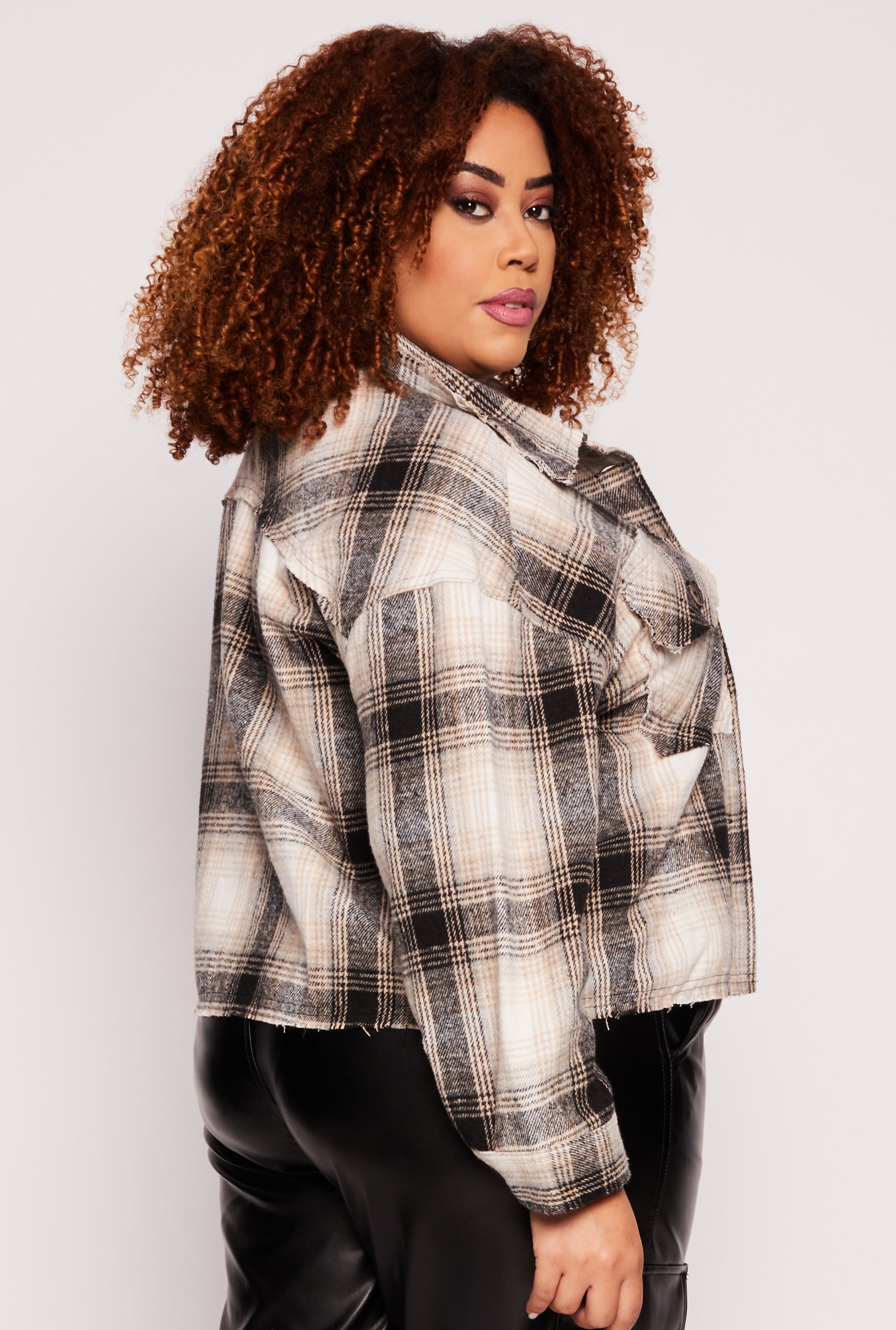 Plus Size Frayed Hem Plaid Shacket、mySite、camillekostekn