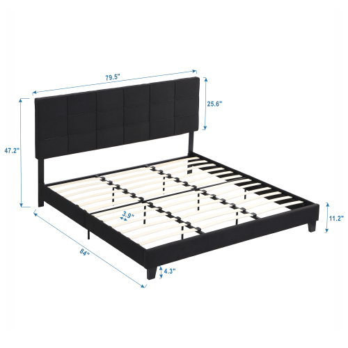 King Size Upholstered Platform Bed Frame with Button Tufted Linen Fabric Headboard, No Box Spring Needed, Wood Slat Support, Easy Assembly, Gray、、casual