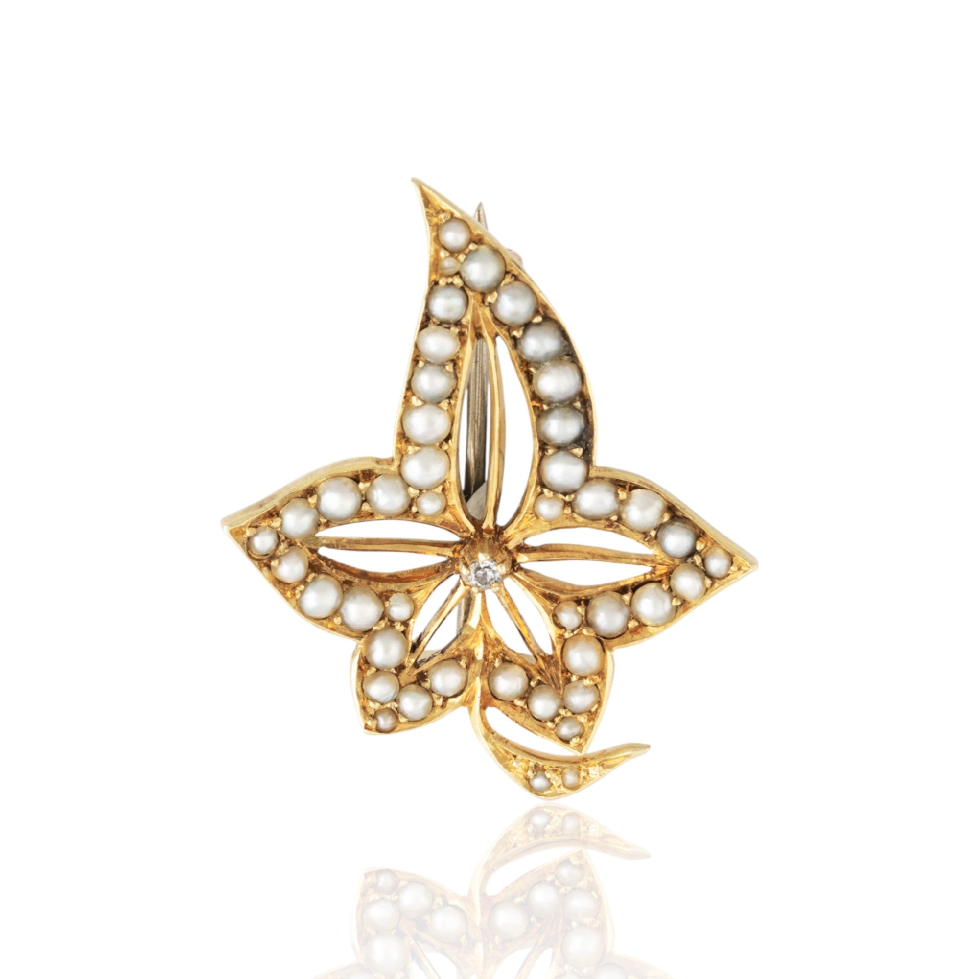Antique Victorian 15k Yellow Gold Pearl Diamond Lovely Leaf Pin / Brooch、mySite、hinf8tx79