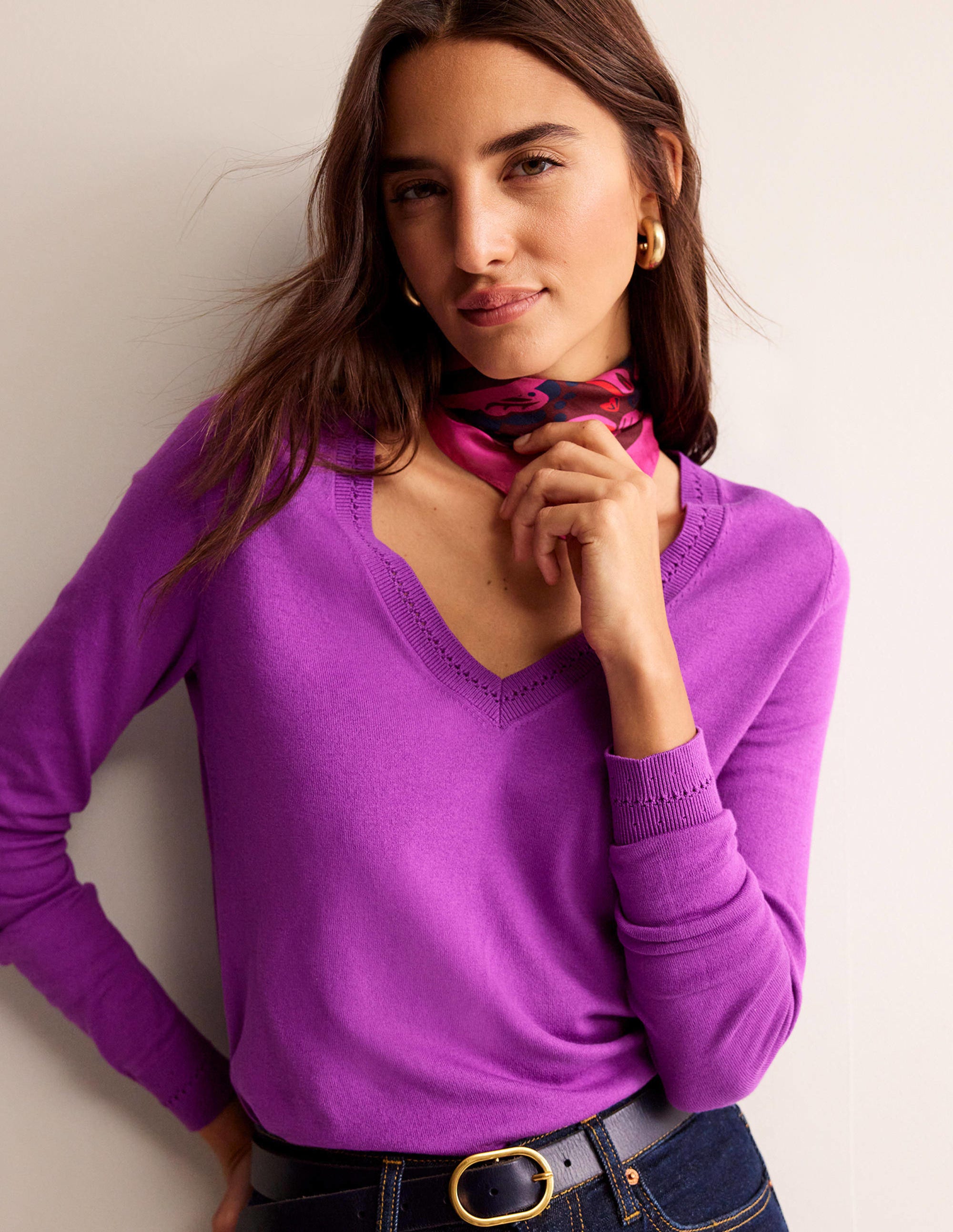  Catriona Cotton V-Neck Sweater-Jewel Purple、mySite、ashleygrahame