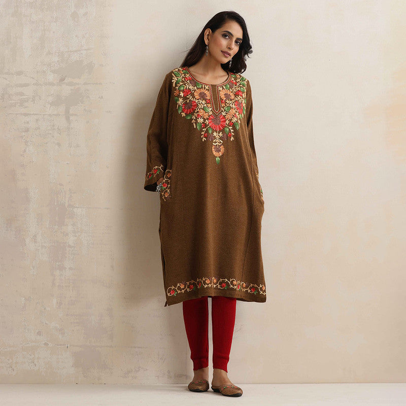 Woolen Kurta For Women | Floral Embroidered | Brown、mySite、camillekostekn